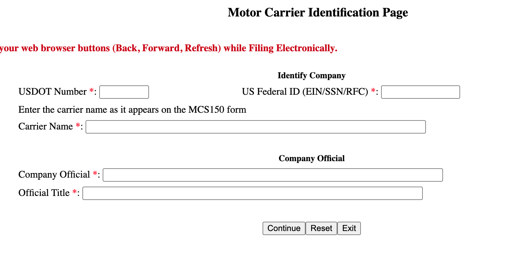 FMCSA USDOT PIN request form for email delivery
