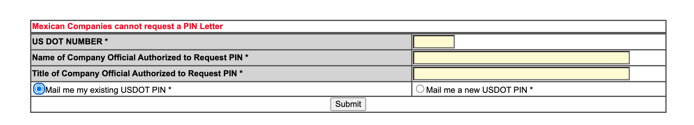 FMCSA USDOT PIN request form for mail delivery